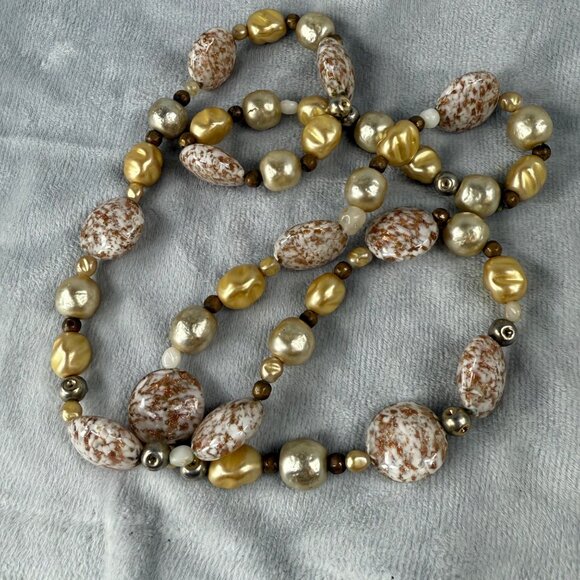Gold Copper Speckled Long Beaded Necklace White Marble Effect Statement Beads - Picture 15 of 16